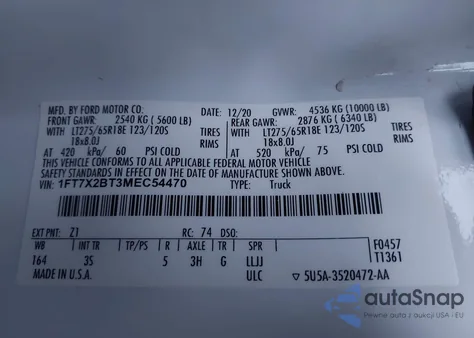 2021 Ford F-250 Xlt from USA, damaged, VIN 1FT7X2BT3MEC54470